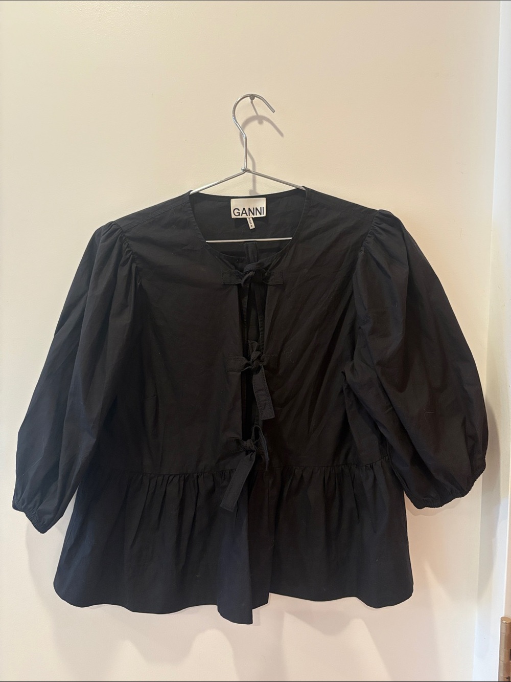 Ganni Black Tie-Front Puff-Sleeve Peplum Blouse